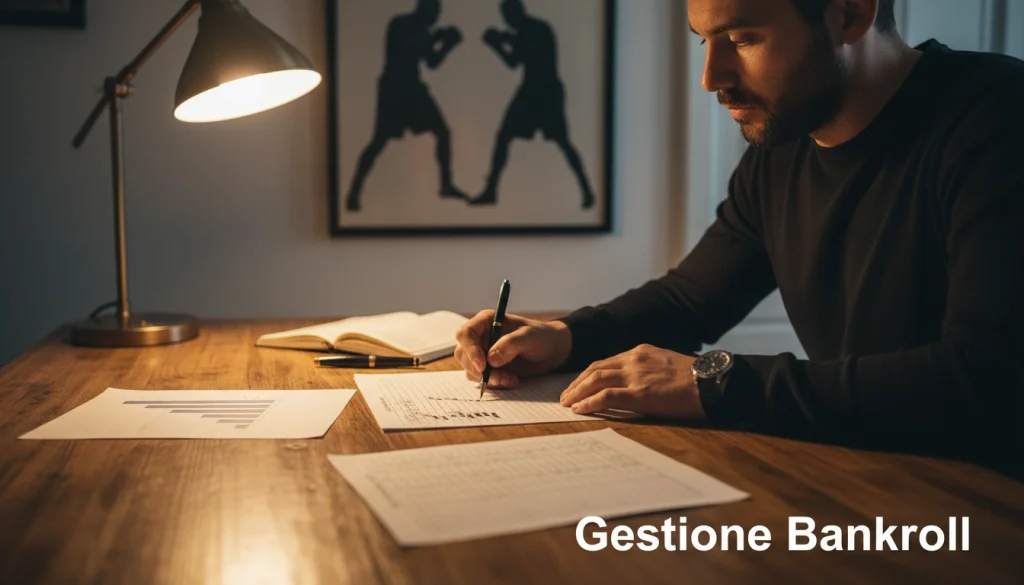 Scommettitore di boxe con foglio di calcolo cartaceo e penna che pianifica la gestione del budget per le scommesse pugilistiche