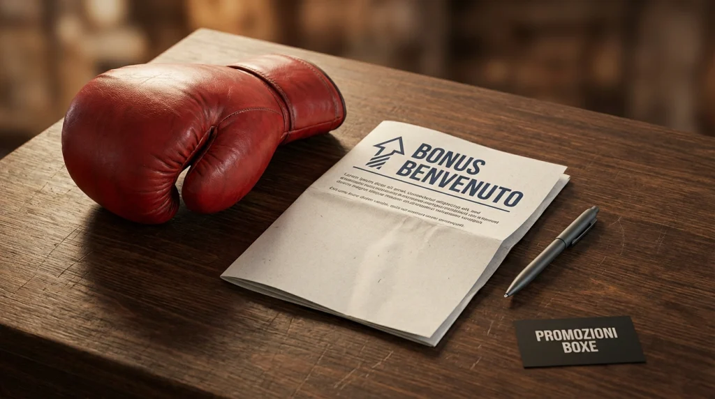 Documento con offerta promozionale per scommesse boxe accanto a un guantone da pugilato su un tavolo illuminato
