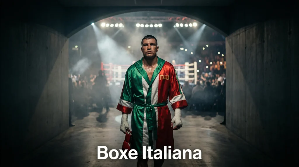 Pugile italiano in accappatoio con i colori della bandiera italiana entra sul ring di un palazzetto dello sport