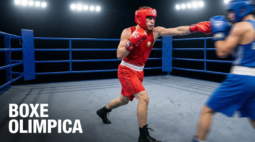 Pugile olimpico con guantoni rossi e casco protettivo in posizione di combattimento sul ring dei Giochi Olimpici
