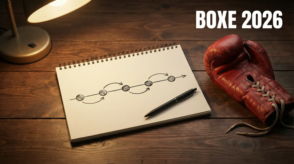 Blocco note con timeline degli eventi di boxe 2026 accanto a un guantone da pugilato su scrivania illuminata