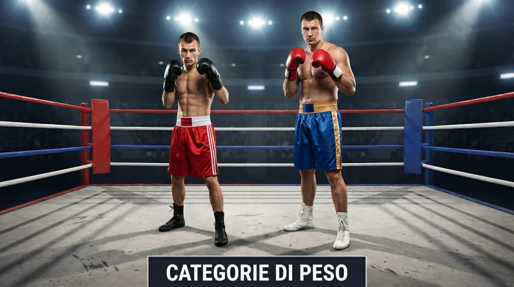 Due pugili di categorie di peso diverse si confrontano sul ring: contrasto fisico tra un peso piuma e un peso massimo nel pugilato