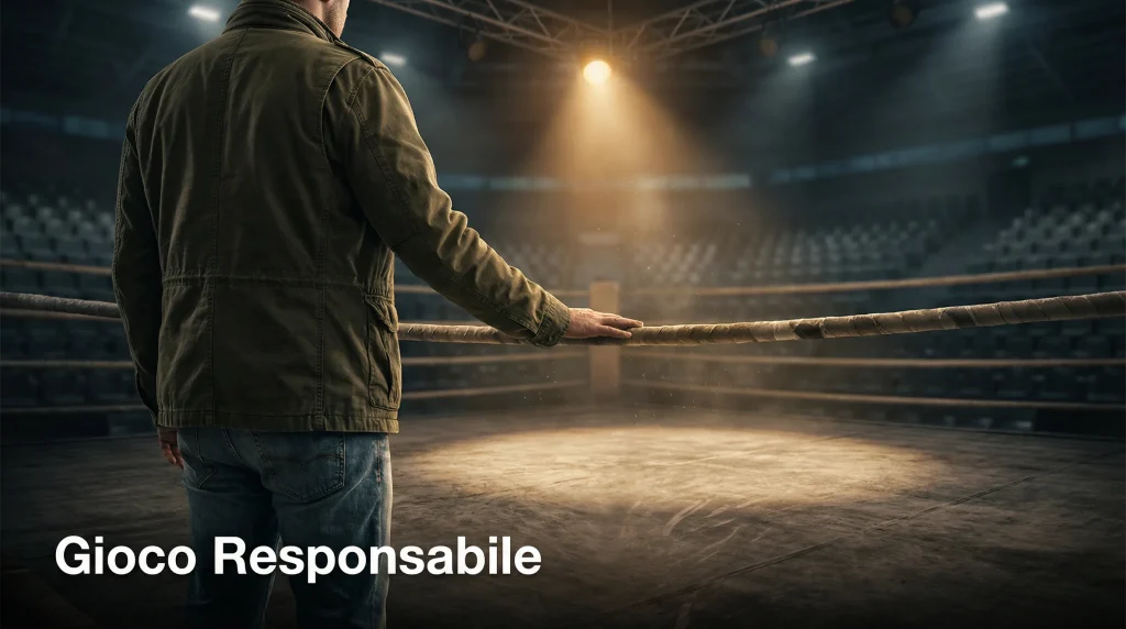 Persona che si ferma a riflettere davanti a un ring di boxe vuoto, simbolo di scelta consapevole nel gioco responsabile