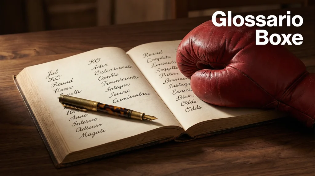 Libro aperto con termini tecnici del pugilato scritti a mano, accanto a un guantone da boxe su sfondo scuro