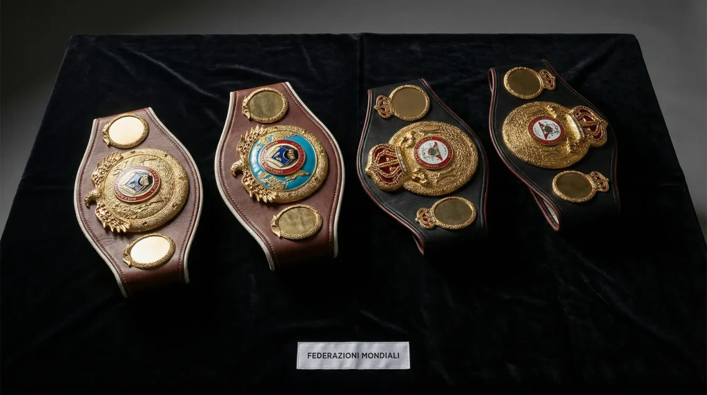 Quattro cinture del titolo mondiale di boxe IBF e WBO esposte su un tavolo illuminato, simbolo delle federazioni pugilistiche internazionali