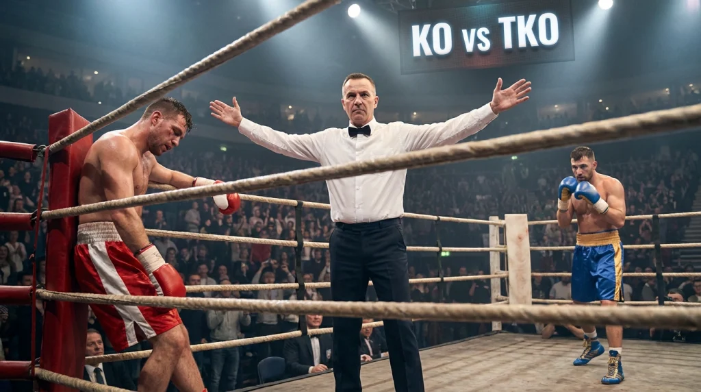 Arbitro di boxe che interrompe il match per knockout tecnico TKO sul ring