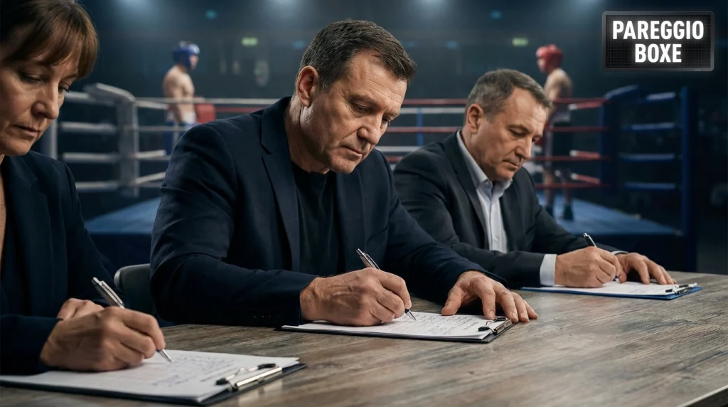 Tre giudici di gara annotano i punteggi sui cartellini ufficiali al bordo del ring durante un incontro di boxe