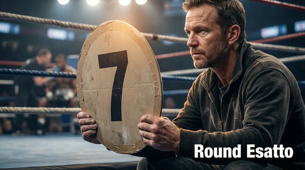 Angolo del pugile tra i round: allenatore mostra il numero del round su cartello durante un incontro di boxe