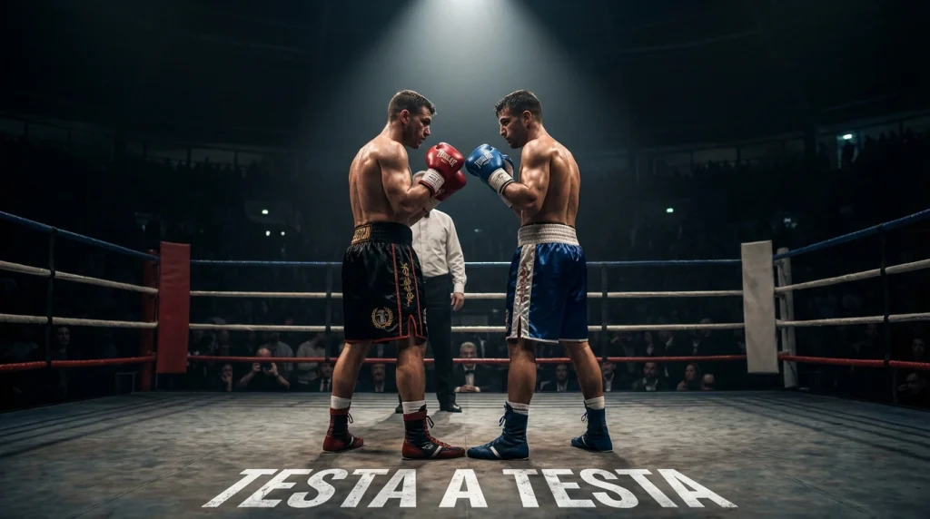 Due pugili si fronteggiano al centro del ring prima di un incontro di boxe, sguardi fissi l