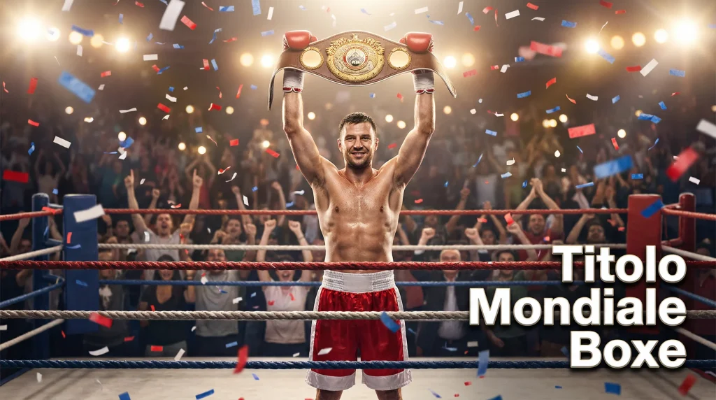 Pugile che regge la cintura del titolo mondiale di boxe sopra la testa sul ring, folla in festa sullo sfondo