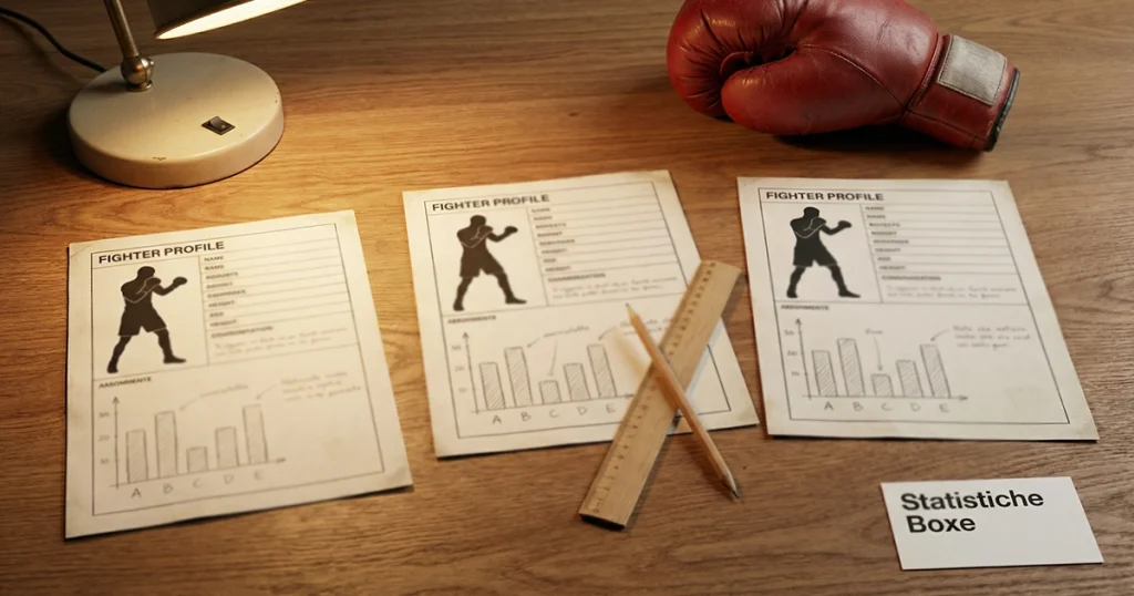 Foglio di statistiche pugilistiche con grafici a barre disegnati a mano e schede tecniche di pugili su un tavolo da lavoro