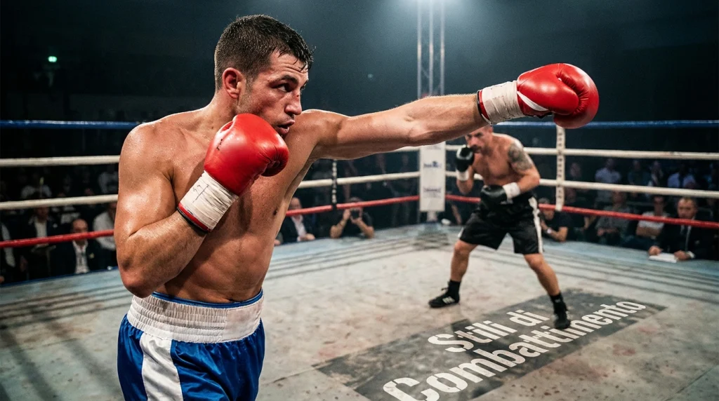 Pugile in guardia alta con tecnica da stilista, in posizione difensiva sul ring durante un incontro di boxe