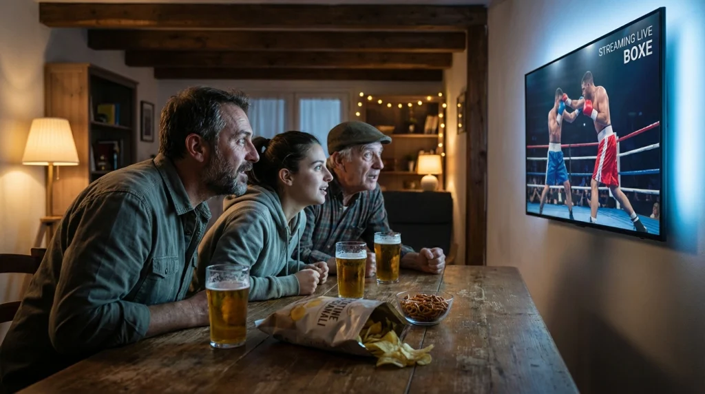 Tifosi che guardano un incontro di boxe in streaming su un grande schermo in un locale, atmosfera da evento sportivo live