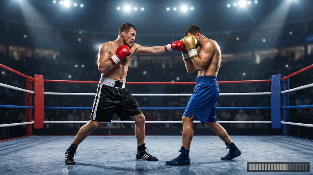Due pugili sul ring durante un match, con indicazione grafica dei round pugilato