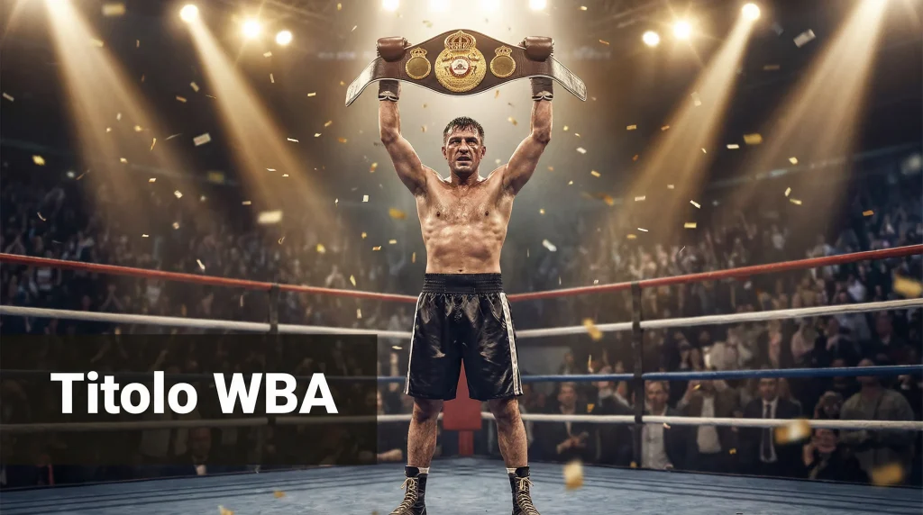Campione di boxe WBA solleva la cintura del titolo mondiale sul ring dopo la vittoria, arena illuminata