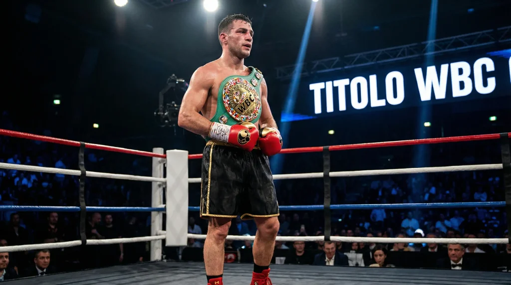 Pugile campione WBC con la caratteristica cintura verde sul ring dopo un incontro titolato di boxe professionistica